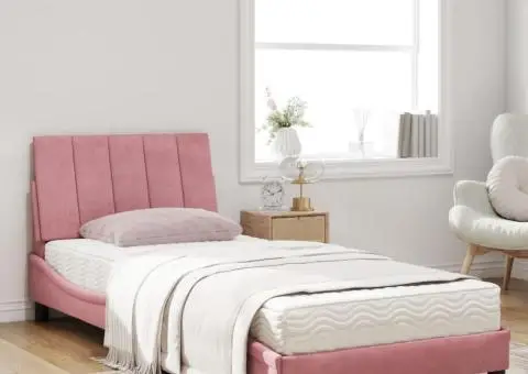 Pat cu saltea, roz, 90x200 cm, catifea - 3/5