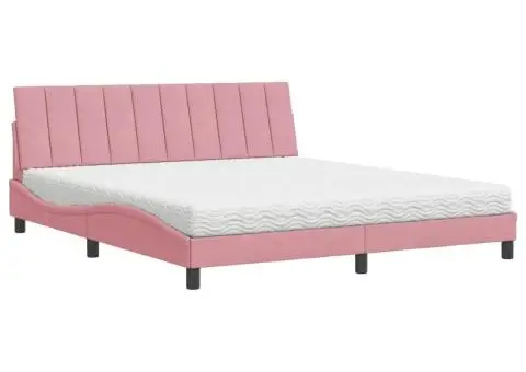 Pat cu saltea, roz, 180x200 cm, catifea - 2/5