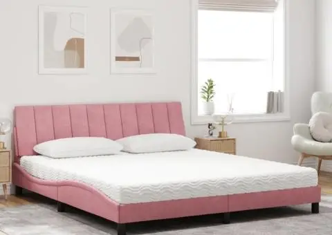 Pat cu saltea, roz, 180x200 cm, catifea - 3/5