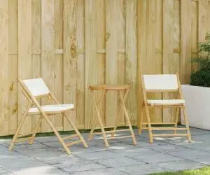 vidaXL Set de bistro pliabil, 3 piese, cu perne alb crem, bambus