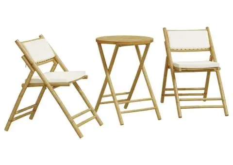Set de bistro pliabil, 3 piese, cu perne alb crem, bambus - 2/5