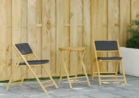 Set de bistro pliabil, 3 piese, cu perne gri închis, bambus - 1/5