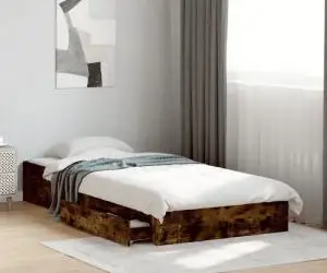 vidaXL Cadru pat cu sertare stejar fumuriu, 90x200 cm, lemn prelucrat