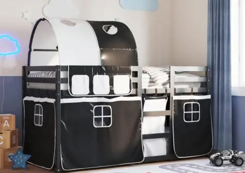 Pat supraetajat de copii perdele, alb/negru, 90x200 cm lemn pin - 1/5