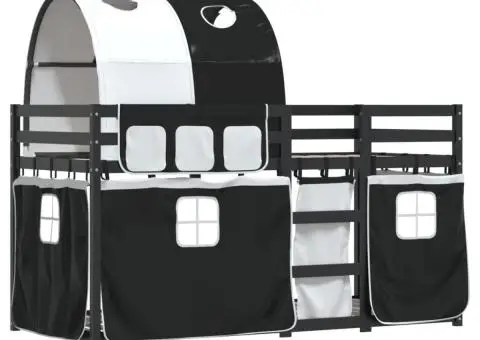 Pat supraetajat de copii perdele, alb/negru, 90x200 cm lemn pin - 3/5