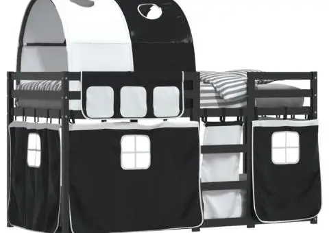 Pat supraetajat de copii perdele, alb/negru, 90x200 cm lemn pin - 4/5