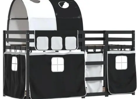 Pat supraetajat de copii perdele, alb/negru, 90x190 cm lemn pin - 3/5