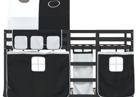 Pat supraetajat de copii perdele, alb/negru, 90x190 cm lemn pin - 5/5