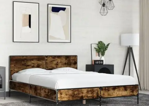 Cadru de pat, stejar afumat 135x190 cm lemn prelucrat și metal - 1/5