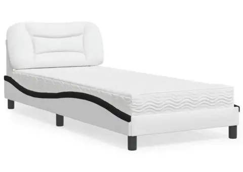 Pat cu saltea, alb și negru, 90x190 cm, piele ecologică - 1/5