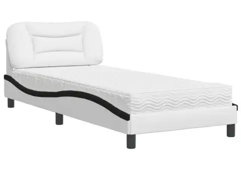 Pat cu saltea, alb și negru, 90x190 cm, piele ecologică - 2/5
