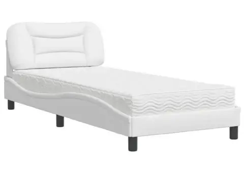 Pat cu saltea, alb, 90x200 cm, piele ecologică - 2/5