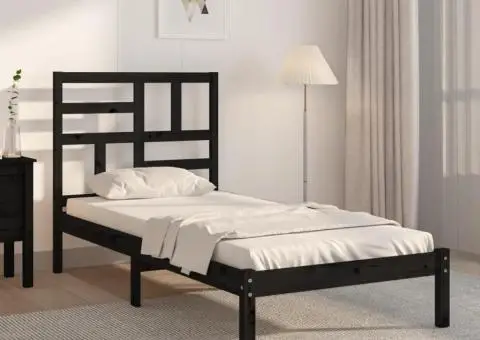 Cadru de pat mic single, negru, 75x190 cm, lemn masiv - 1/5