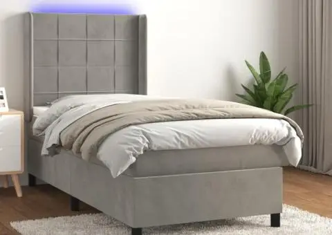 Pat cu arcuri, saltea și LED, gri deschis, 90x190 cm, catifea - 1/5