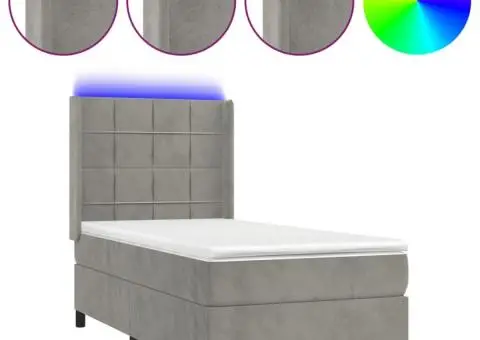 Pat cu arcuri, saltea și LED, gri deschis, 90x190 cm, catifea - 2/5
