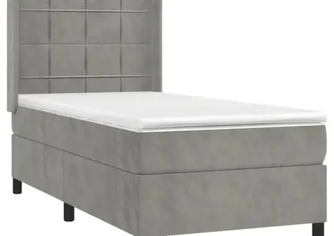 Pat cu arcuri, saltea și LED, gri deschis, 90x190 cm, catifea - 4/5