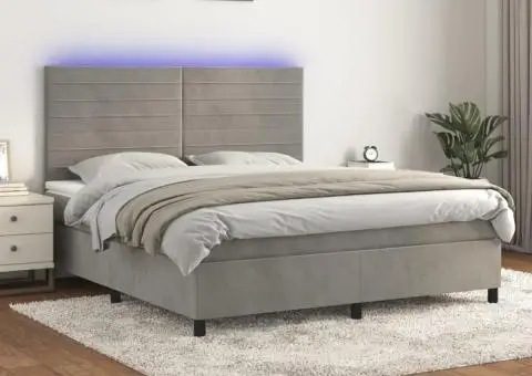 Pat cu arcuri, saltea și LED, gri deschis, 180x200 cm, catifea - 1/5