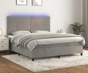 vidaXL Pat cu arcuri, saltea și LED, gri deschis, 180x200 cm, catifea