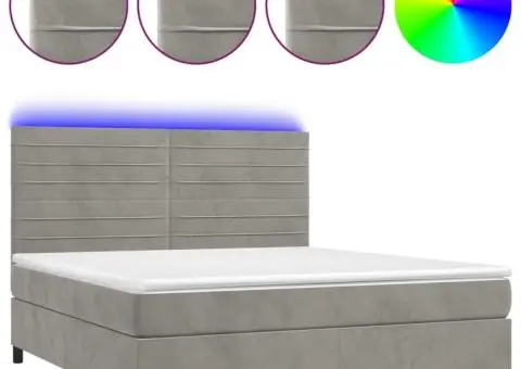 Pat cu arcuri, saltea și LED, gri deschis, 180x200 cm, catifea - 2/5