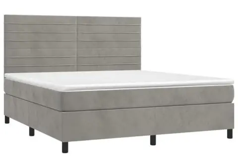 Pat cu arcuri, saltea și LED, gri deschis, 180x200 cm, catifea - 3/5