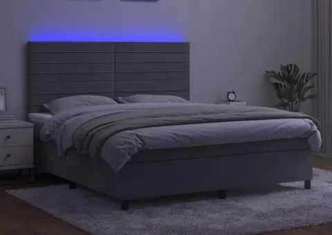 Pat cu arcuri, saltea și LED, gri deschis, 180x200 cm, catifea - 4/5