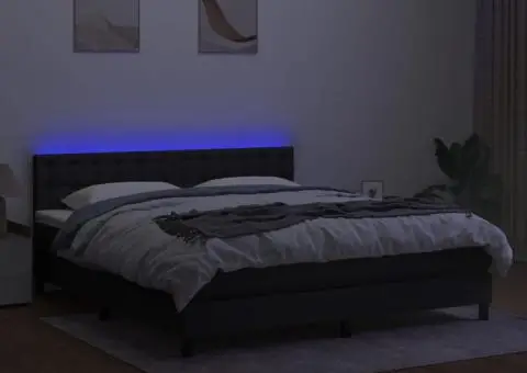 Pat cu arcuri, saltea și LED, negru, 160x200 cm, textil - 4/5