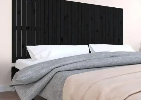 Tăblie de pat pentru perete, negru, 204x3x90 cm, lemn masiv pin - 1/5