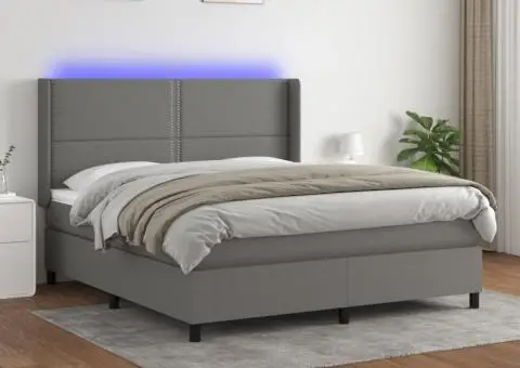 Pat cu arcuri, saltea și LED, gri închis, 180x200 cm, textil - 1/5