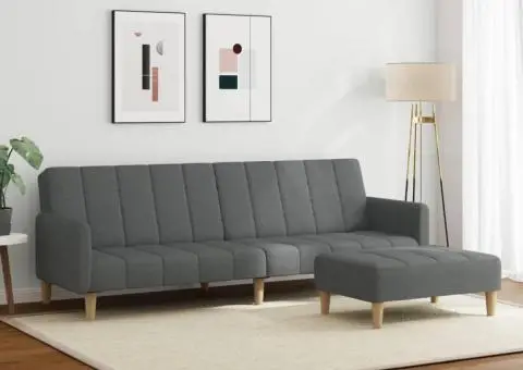 Canapea extensibilă cu taburet, 2 locuri, gri închis, textil - 3/5