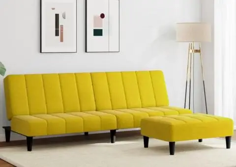 Canapea extensibilă cu taburet, 2 locuri, galben, catifea - 1/5