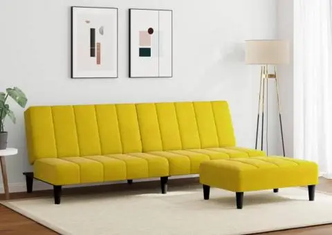 Canapea extensibilă cu taburet, 2 locuri, galben, catifea - 3/5