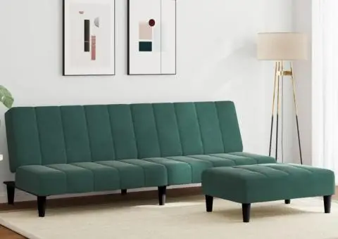 Canapea extensibilă cu taburet, 2 locuri, verde închis, catifea - 1/5