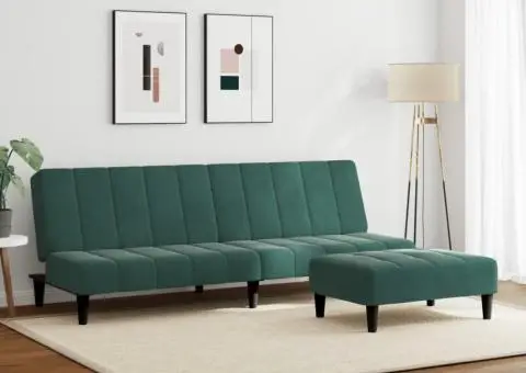 Canapea extensibilă cu taburet, 2 locuri, verde închis, catifea - 3/5