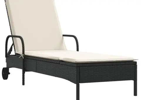 Șezlong cu roți și pernă, negru, poliratan - 2/5