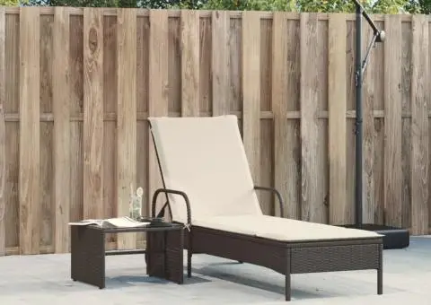 Șezlong cu roți și pernă, negru, poliratan - 3/5