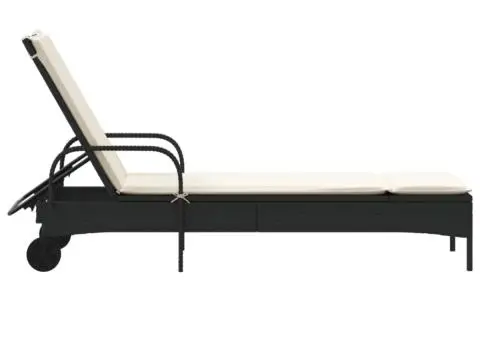 Șezlong cu roți și pernă, negru, poliratan - 5/5