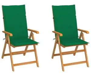 vidaXL Scaune de grădină cu perne verzi, 2 buc., lemn masiv de tec