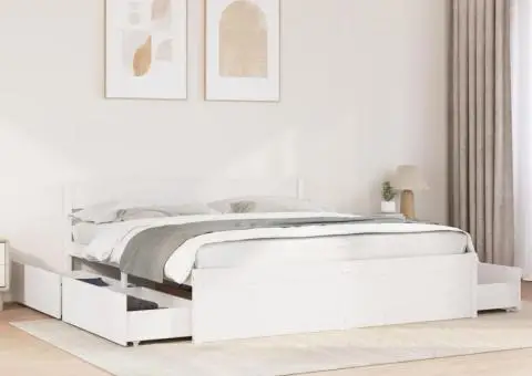 Cadru de pat fără saltea, alb, 200x200 cm, lemn masiv pin - 1/5