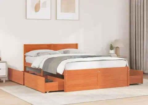 Cadru pat fără saltea, maro ceruit, 140x190 cm, lemn masiv pin - 1/5