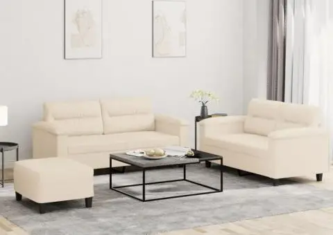 Set de canapele cu perne, 3 piese, bej, microfibră - 1/5