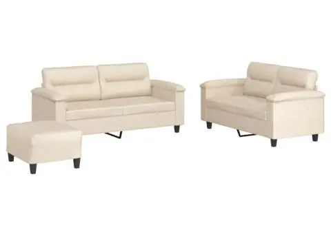 Set de canapele cu perne, 3 piese, bej, microfibră - 2/5