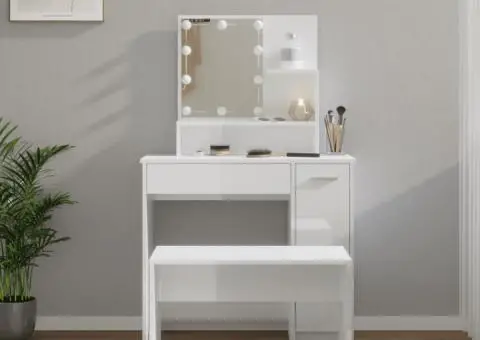 Set măsuță de toaletă cu LED, alb extralucios, lemn prelucrat - 1/5