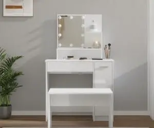 vidaXL Set măsuță de toaletă cu LED, alb extralucios, lemn prelucrat