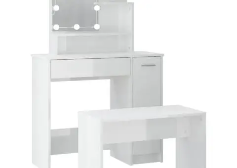 Set măsuță de toaletă cu LED, alb extralucios, lemn prelucrat - 2/5