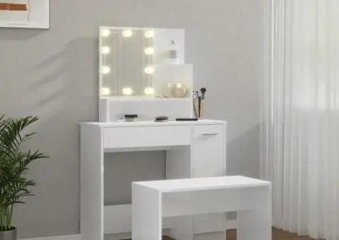 Set măsuță de toaletă cu LED, alb extralucios, lemn prelucrat - 3/5