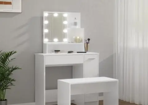 Set măsuță de toaletă cu LED, alb extralucios, lemn prelucrat - 4/5