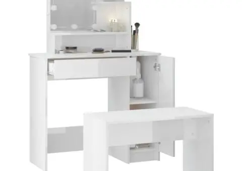 Set măsuță de toaletă cu LED, alb extralucios, lemn prelucrat - 5/5