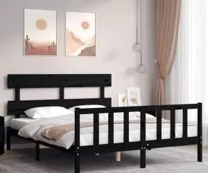 vidaXL Cadru de pat cu tăblie, negru, king size, lemn masiv