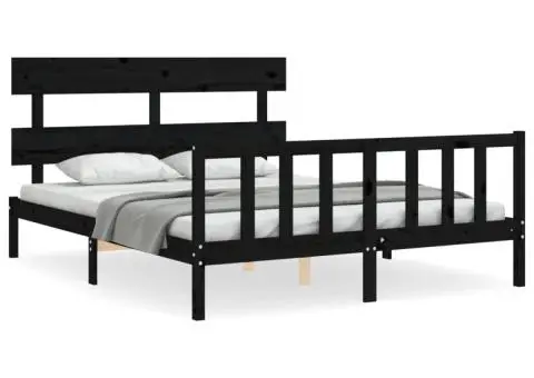 Cadru de pat cu tăblie, negru, king size, lemn masiv - 2/5