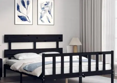 Cadru de pat cu tăblie, negru, king size, lemn masiv - 3/5